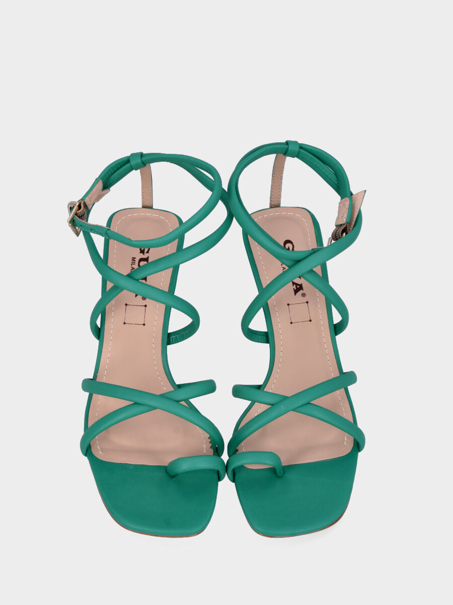 Sandalo verde in pelle con listini tubolari incrociati