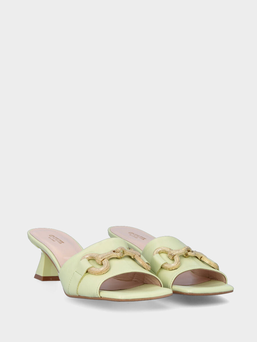 Light green leather slipper with studded metal clamp
