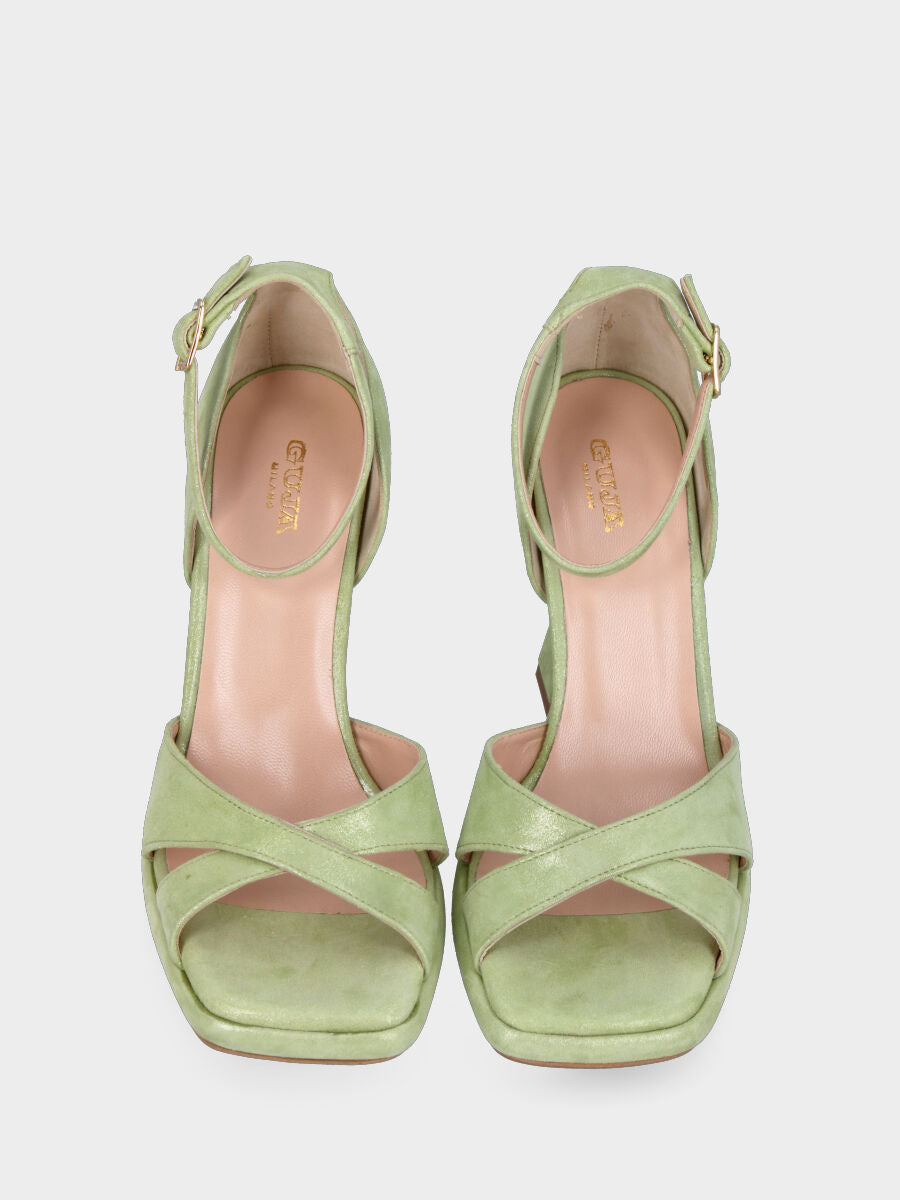 Sandalo verde in pelle glitterata a fasce incrociate