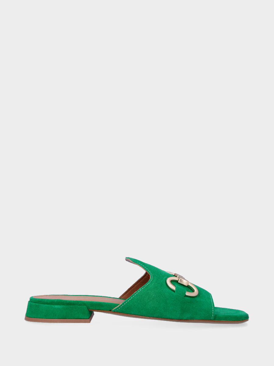 Green leather slipper with metal buckle