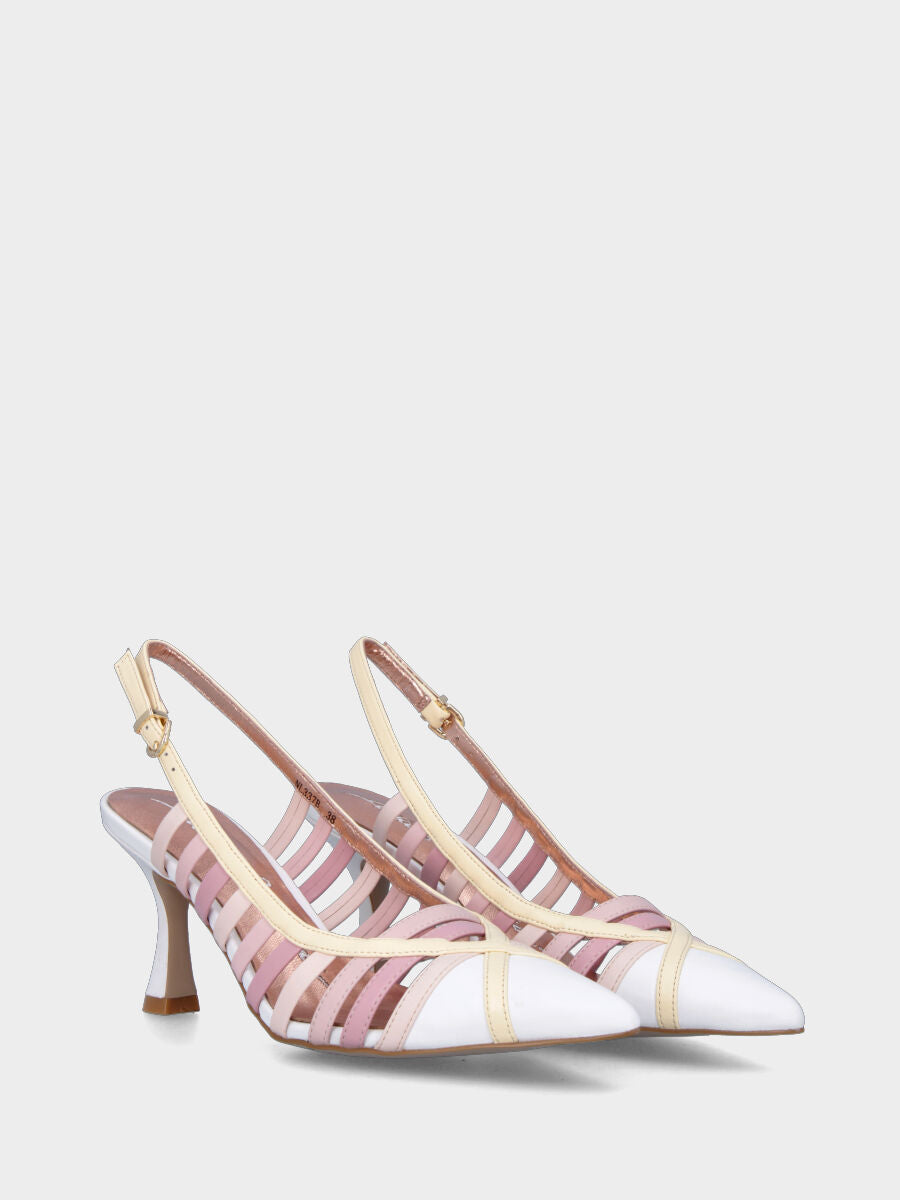 Décolleté slingback avorio con listini rosa multicolor