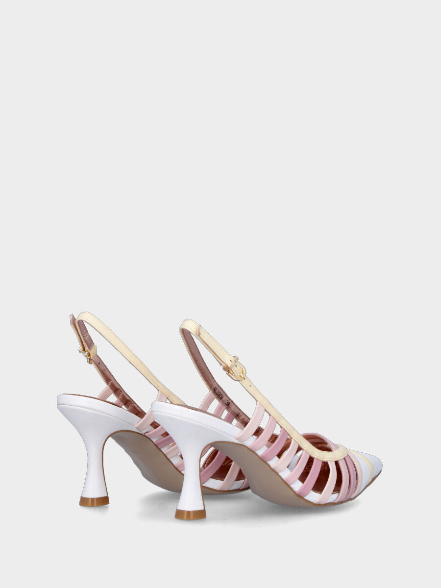 Décolleté slingback avorio con listini rosa multicolor