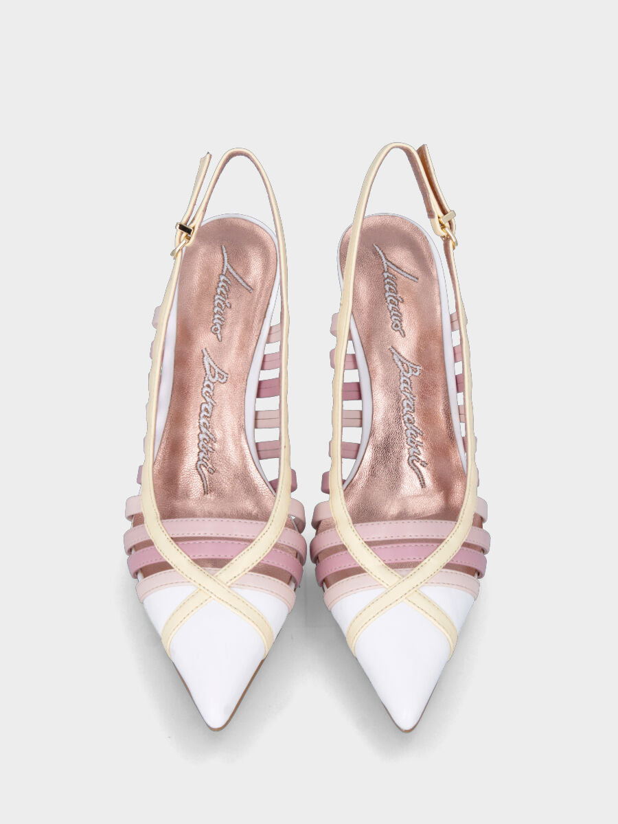 Décolleté slingback avorio con listini rosa multicolor