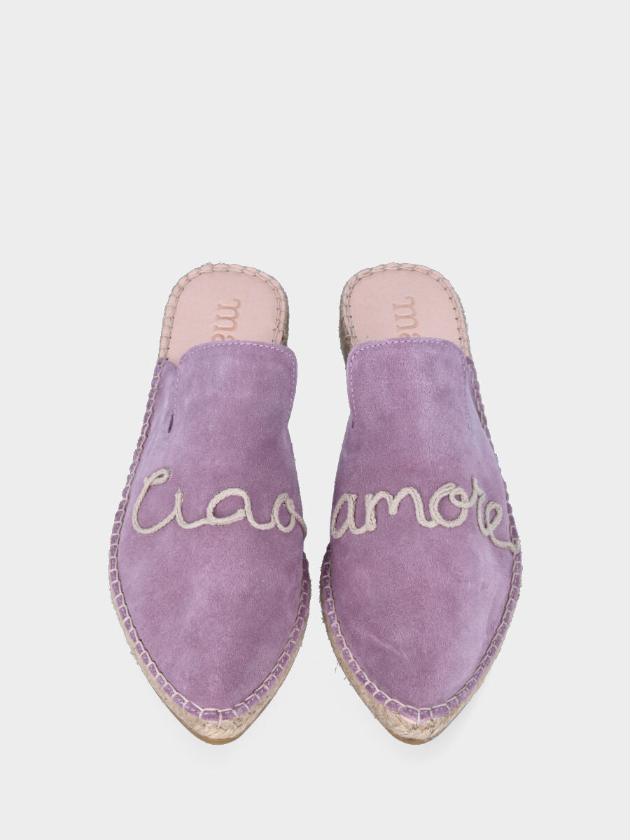 Sabot lilla in pelle con ricamo "Ciao Amore"