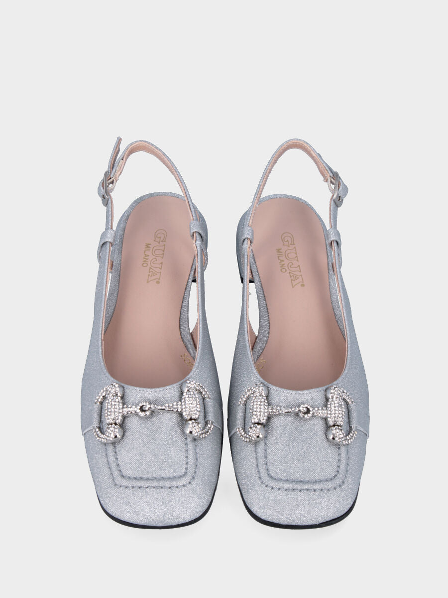Décolleté slingback platino in lurex effetto glitter