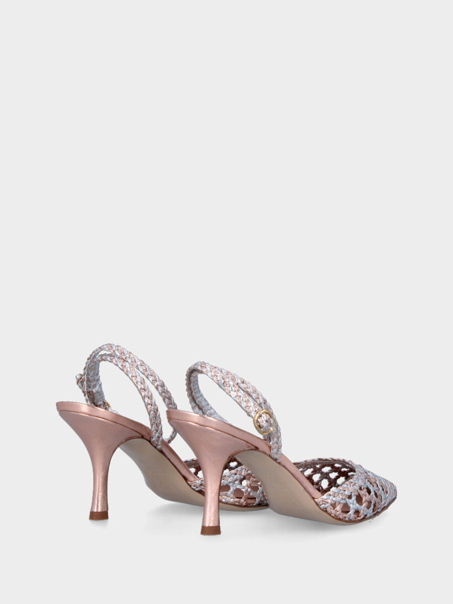 Décolleté laminata argento con tomaia intrecciata e cinturino alla caviglia modello slingback