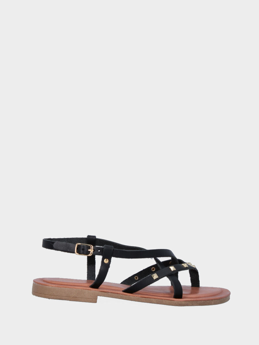 Sandale tongs noire en cuir avec lanières croisées et clous