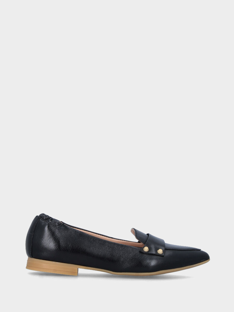 Black leather moccasin with studs and elastic at the heel