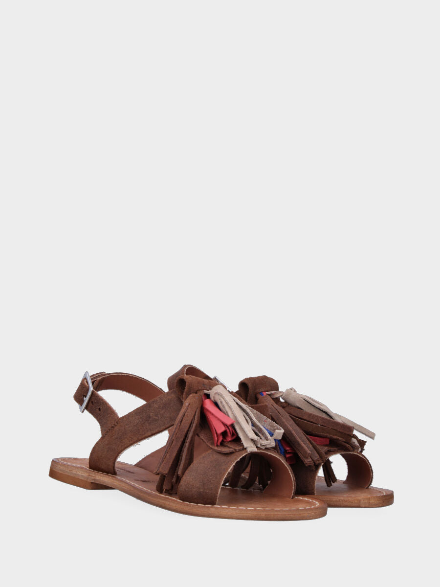 Sandale en cuir marron foncé avec pompons multicolores