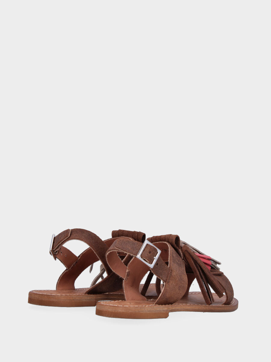 Sandale en cuir marron foncé avec pompons multicolores