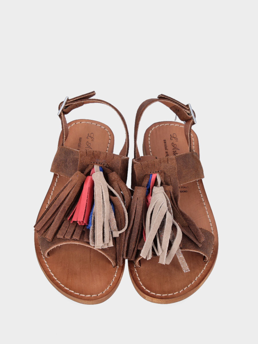 Sandale en cuir marron foncé avec pompons multicolores