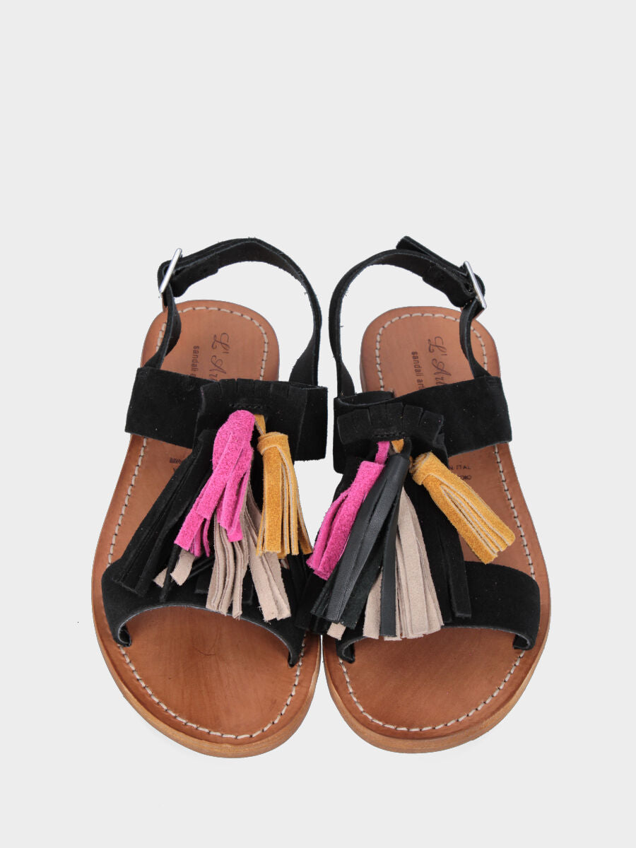 Sandale en cuir noir avec pompons multicolores