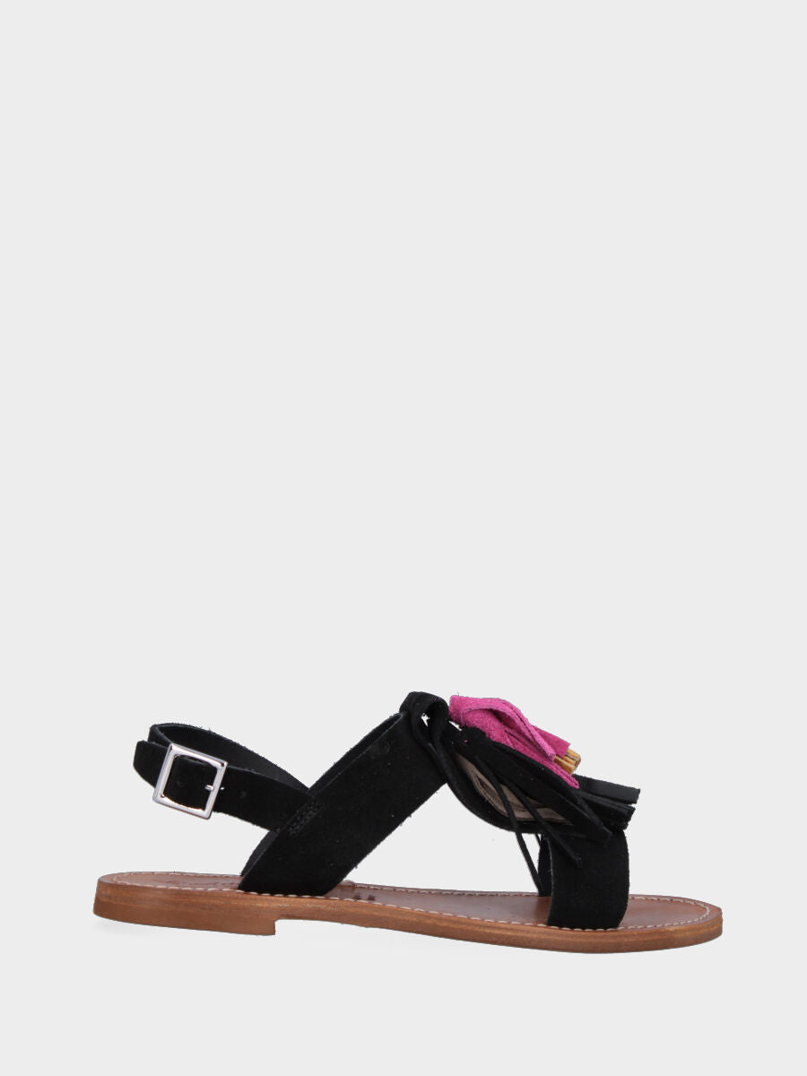 Sandale en cuir noir avec pompons multicolores