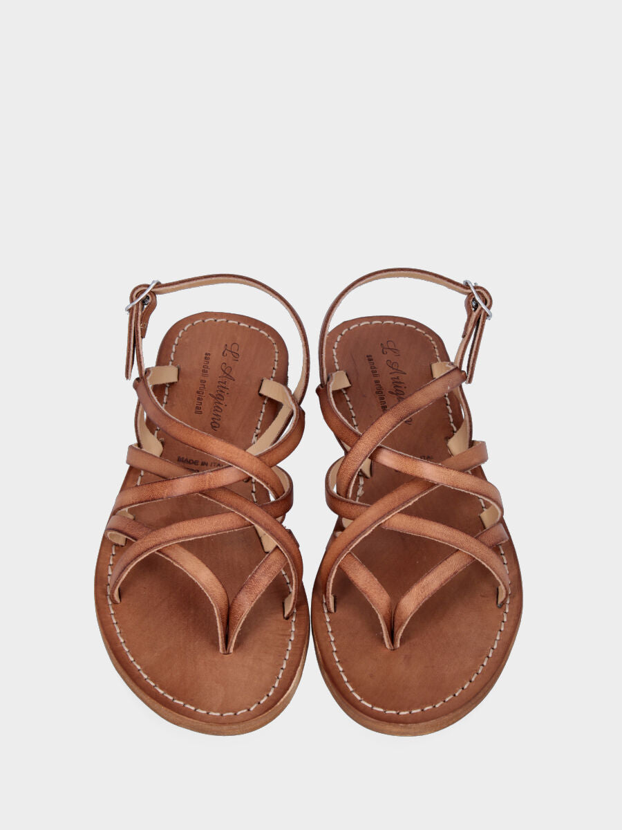 Sandales tongs en cuir marron avec brides croisées