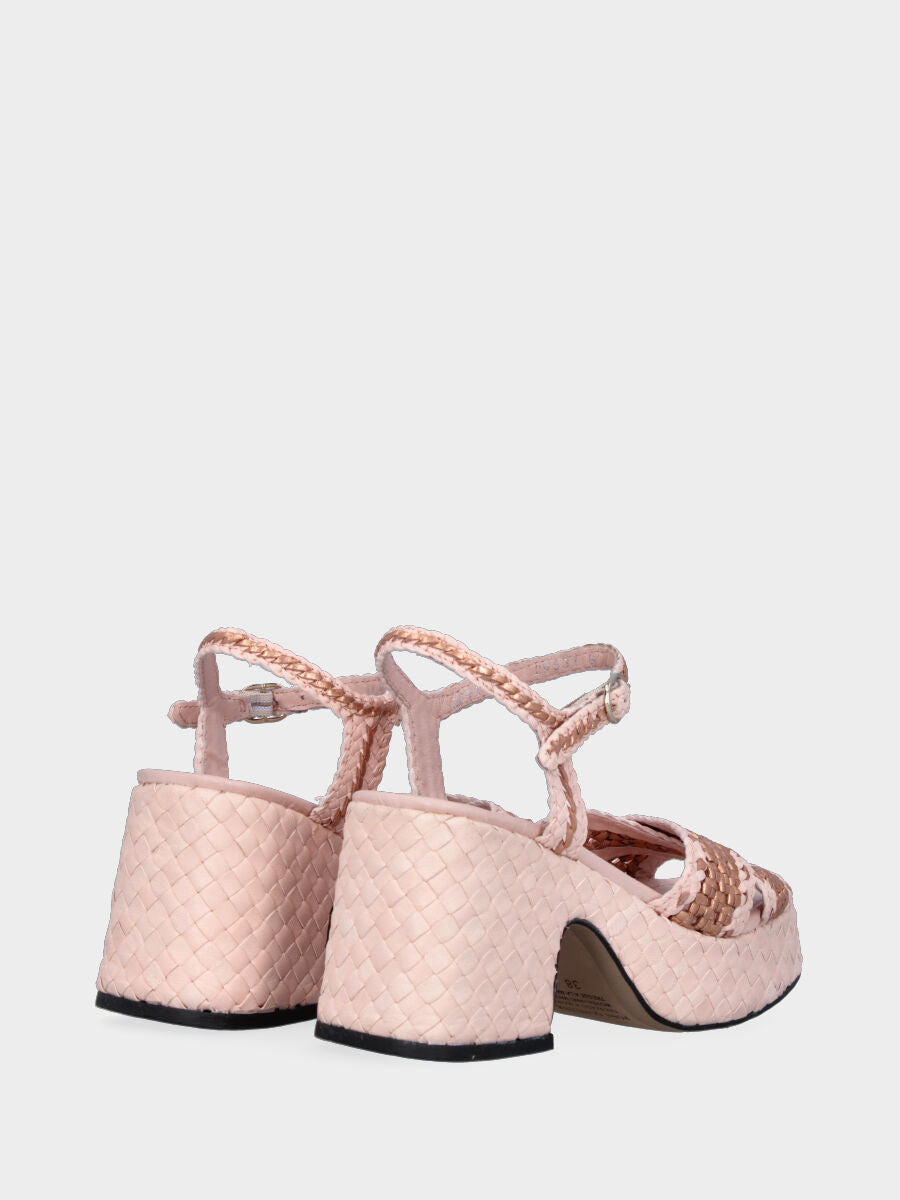 Pink and bronze leather sandal with woven crossed straps