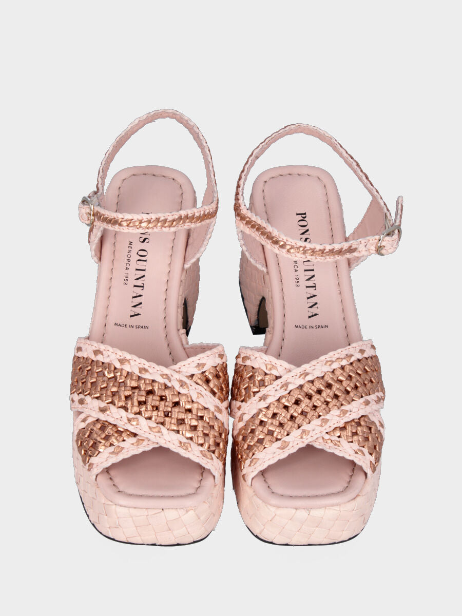Pink and bronze leather sandal with woven crossed straps
