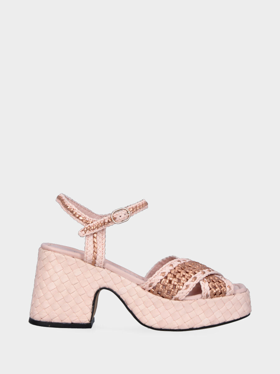 Pink and bronze leather sandal with woven crossed straps