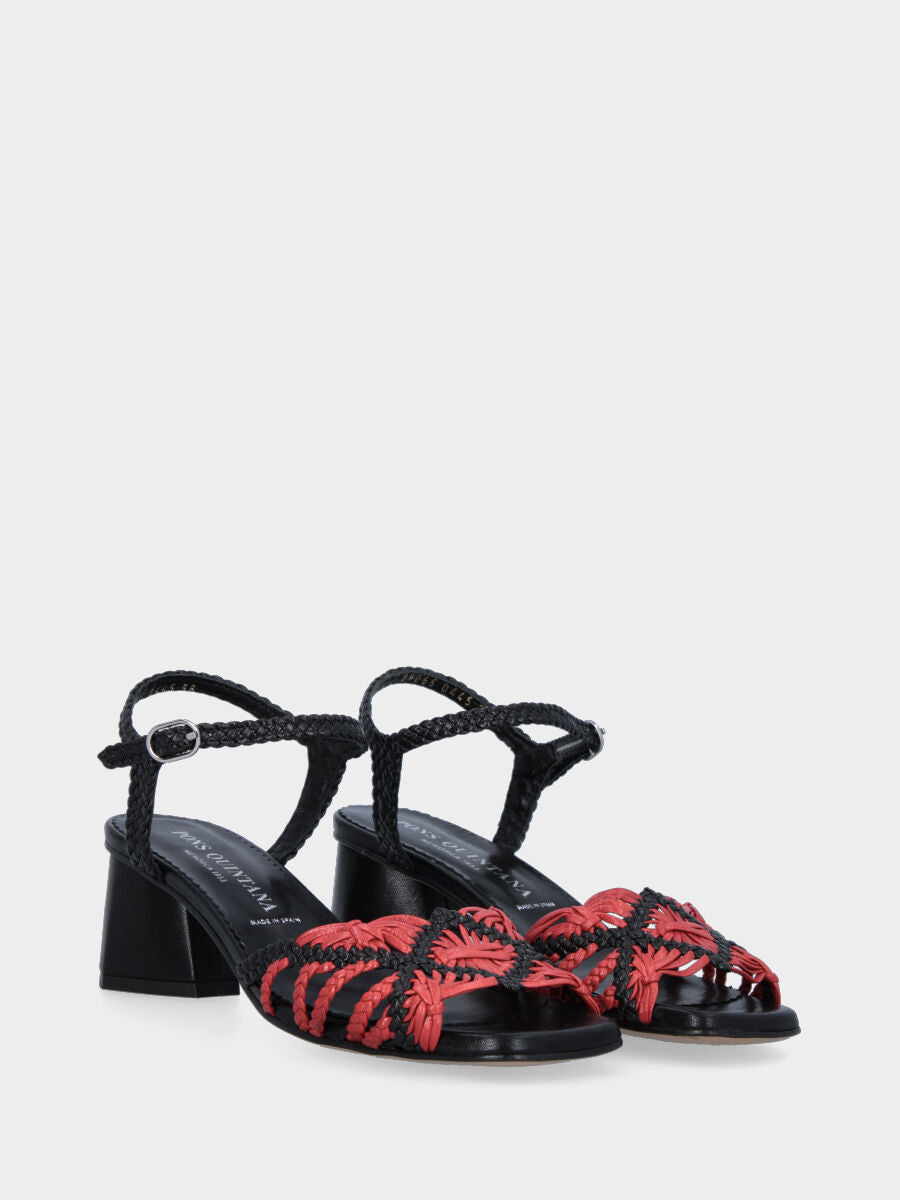 Black leather sandal with red braided straps