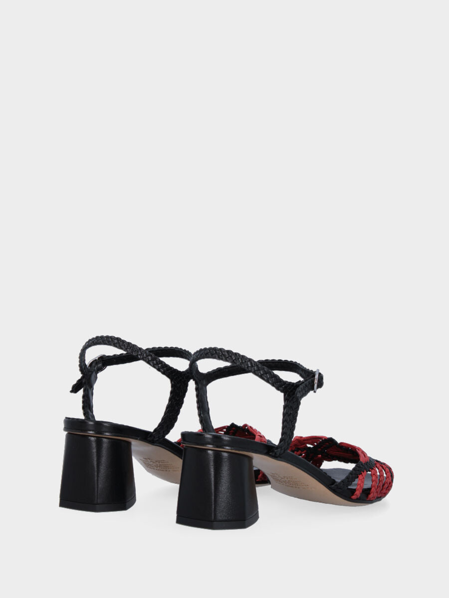 Black leather sandal with red braided straps