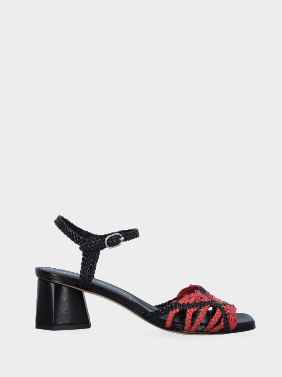 Black leather sandal with red braided straps