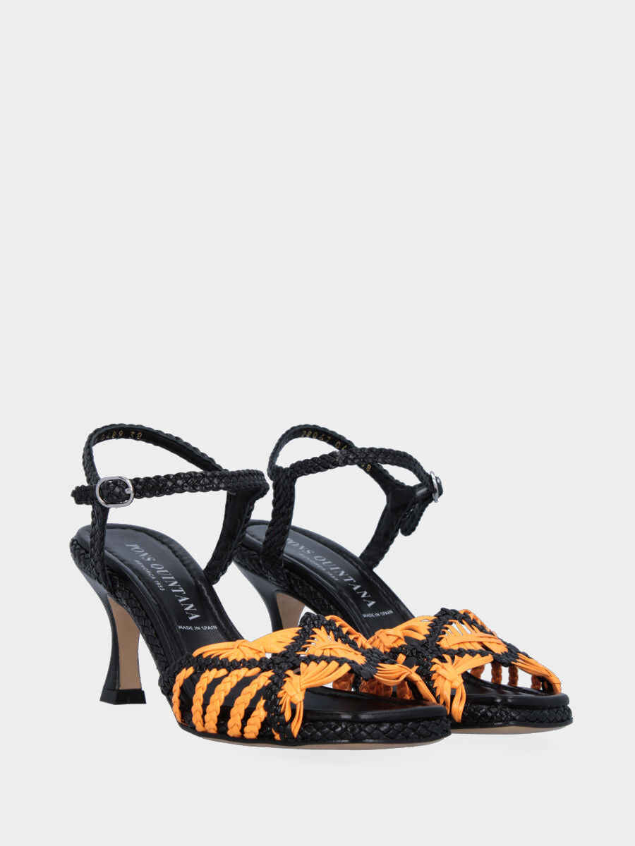 Black leather sandal with yellow braided straps