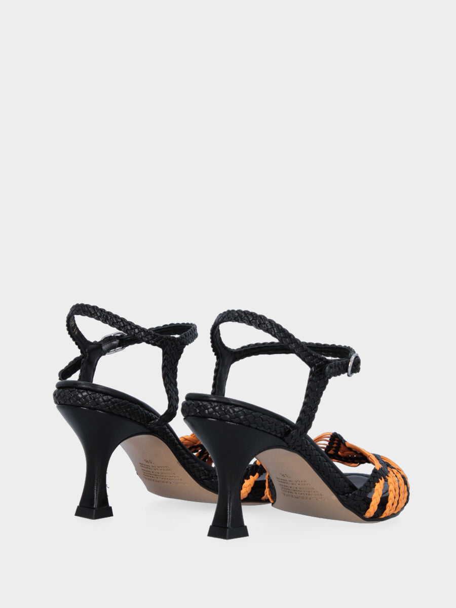 Black leather sandal with yellow braided straps