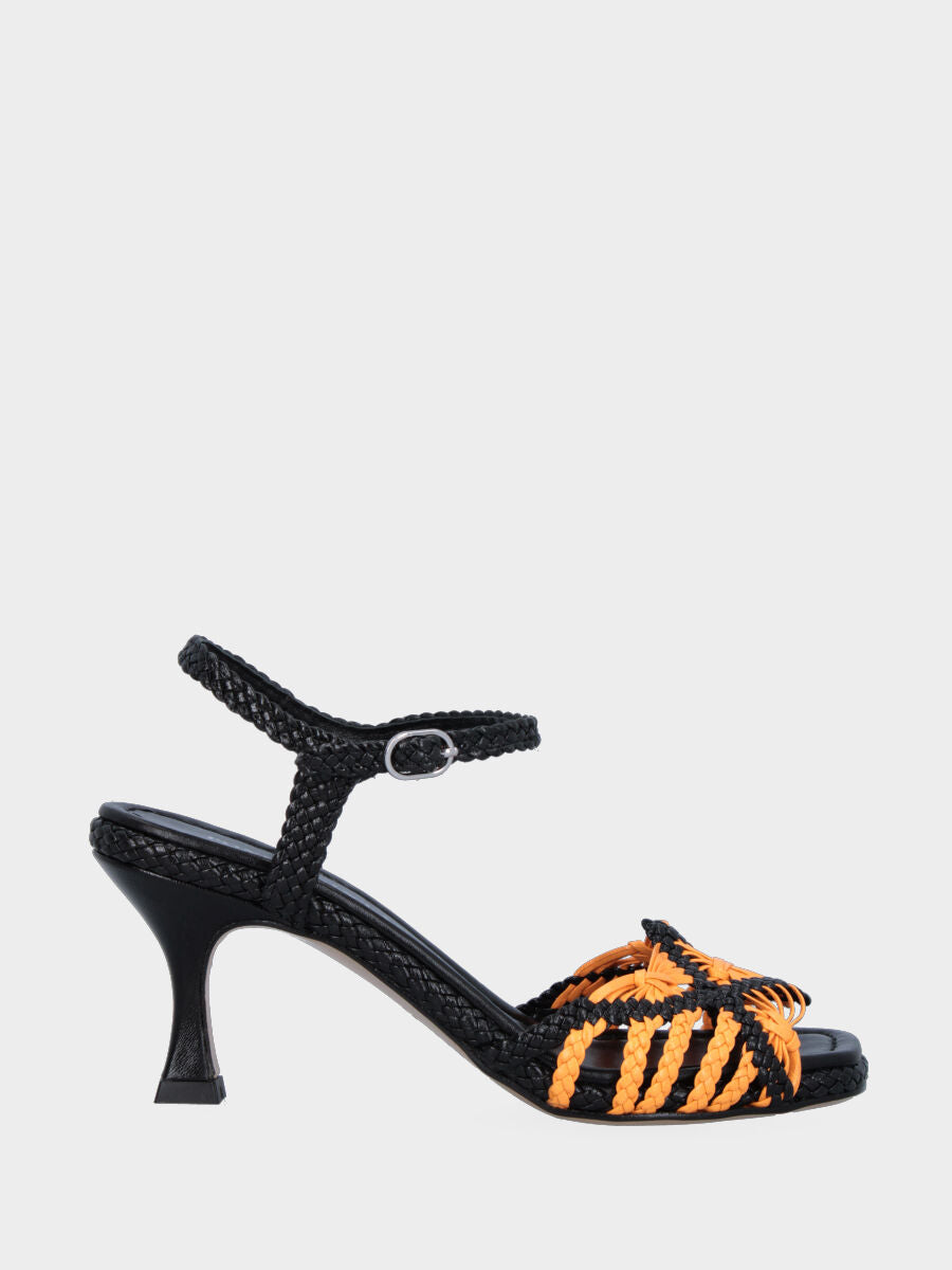 Black leather sandal with yellow braided straps