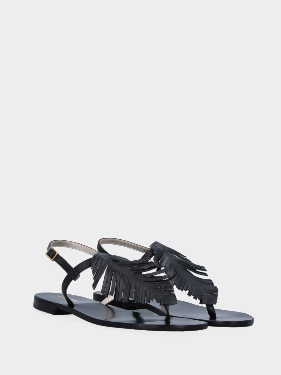 Black leather thong sandal with leaf detail