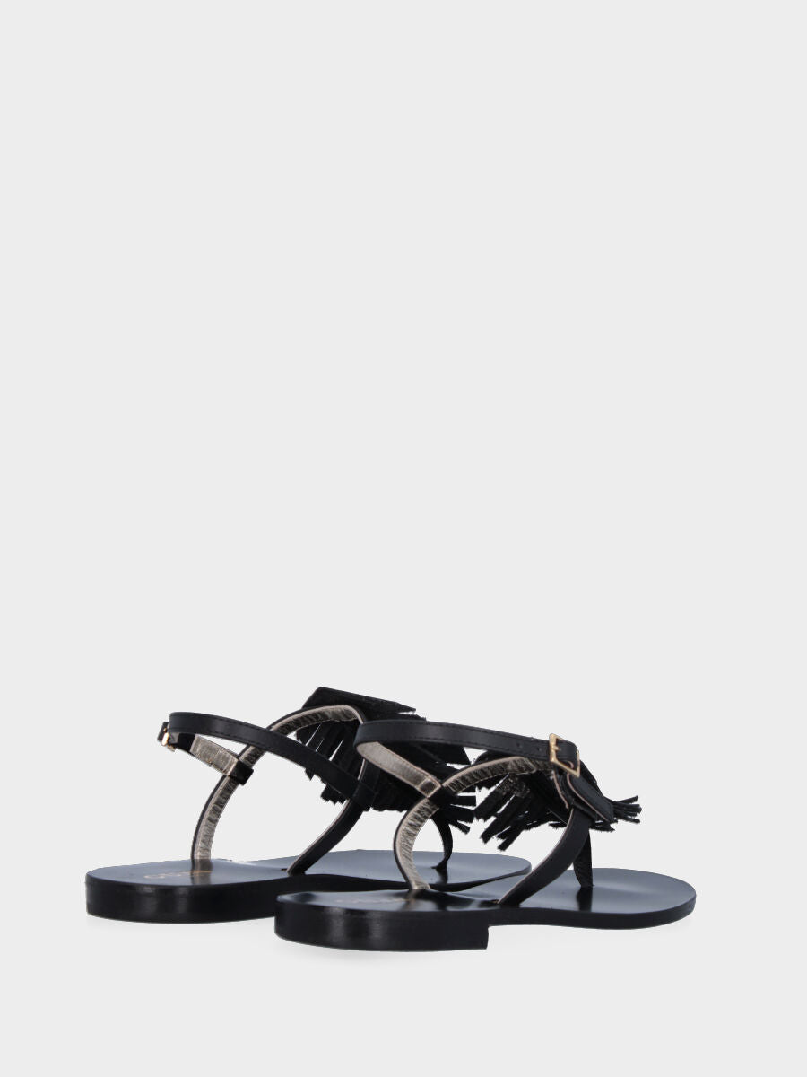 Black leather thong sandal with leaf detail
