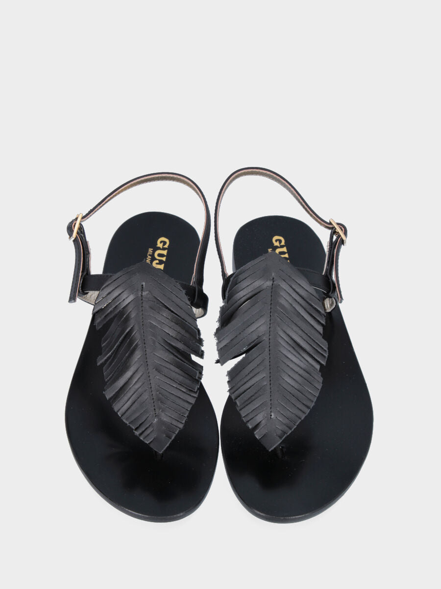Black leather thong sandal with leaf detail