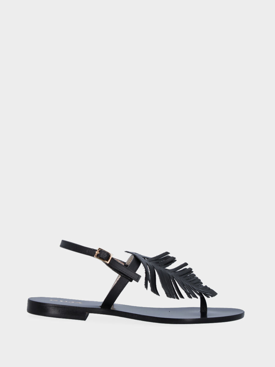 Black leather thong sandal with leaf detail