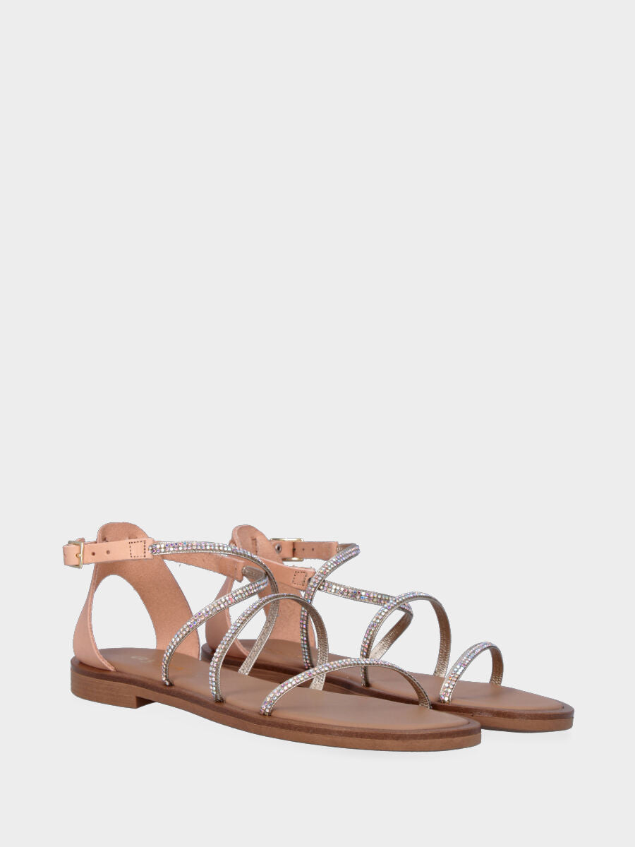 Sandalo beige in pelle con listini con cristalli
