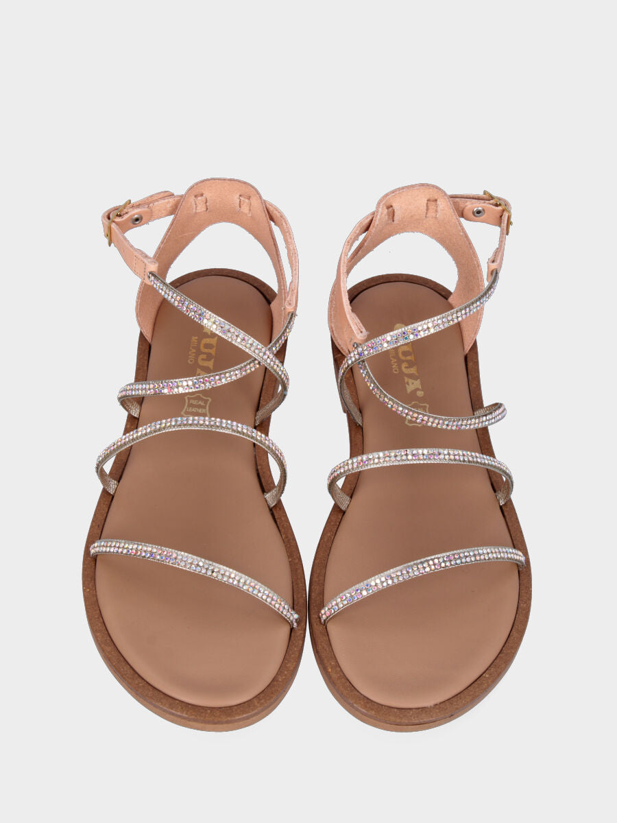Sandalo beige in pelle con listini con cristalli