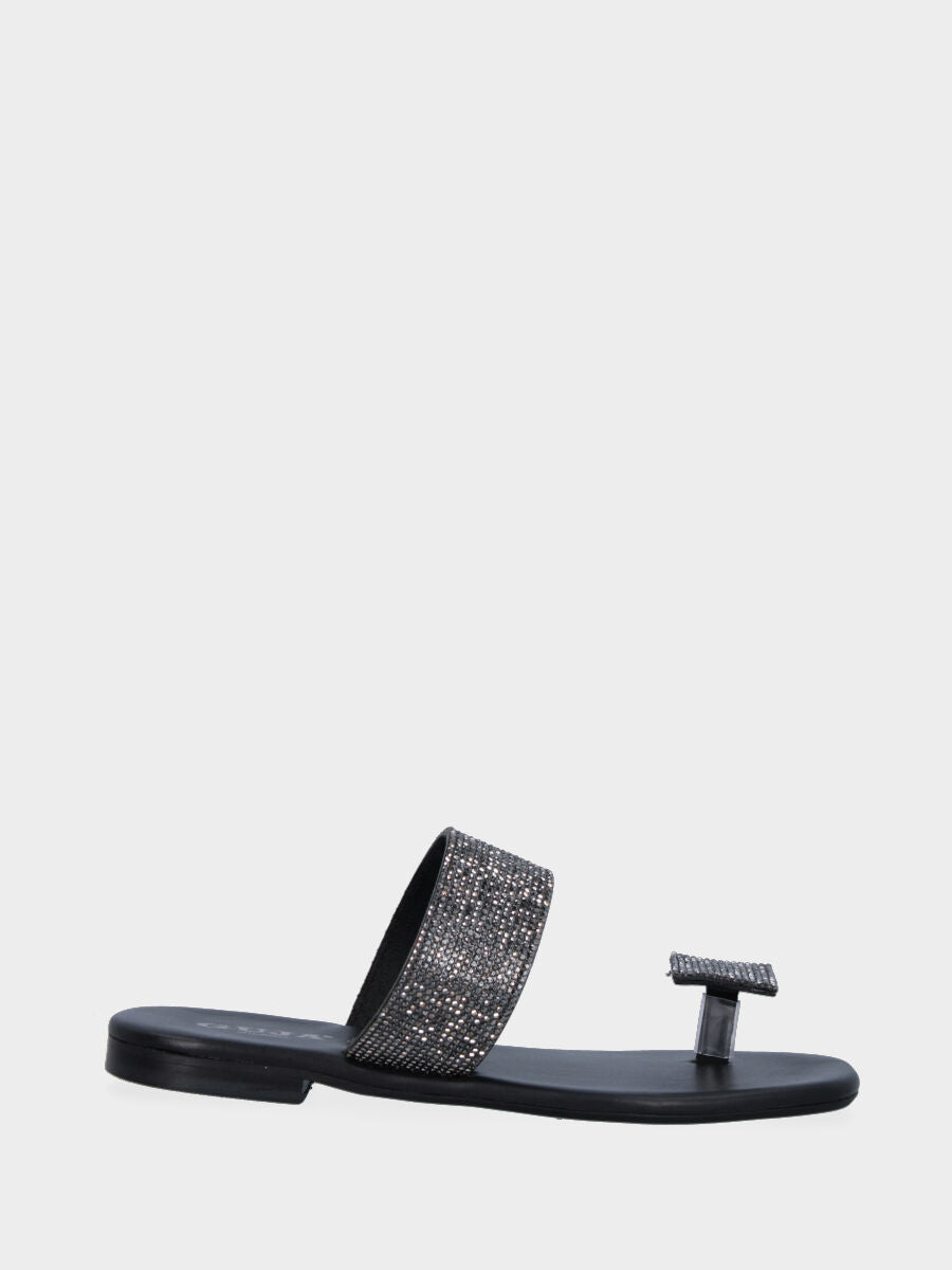 Sandale tongs noire en cuir avec bride et bouton ornés de cristaux