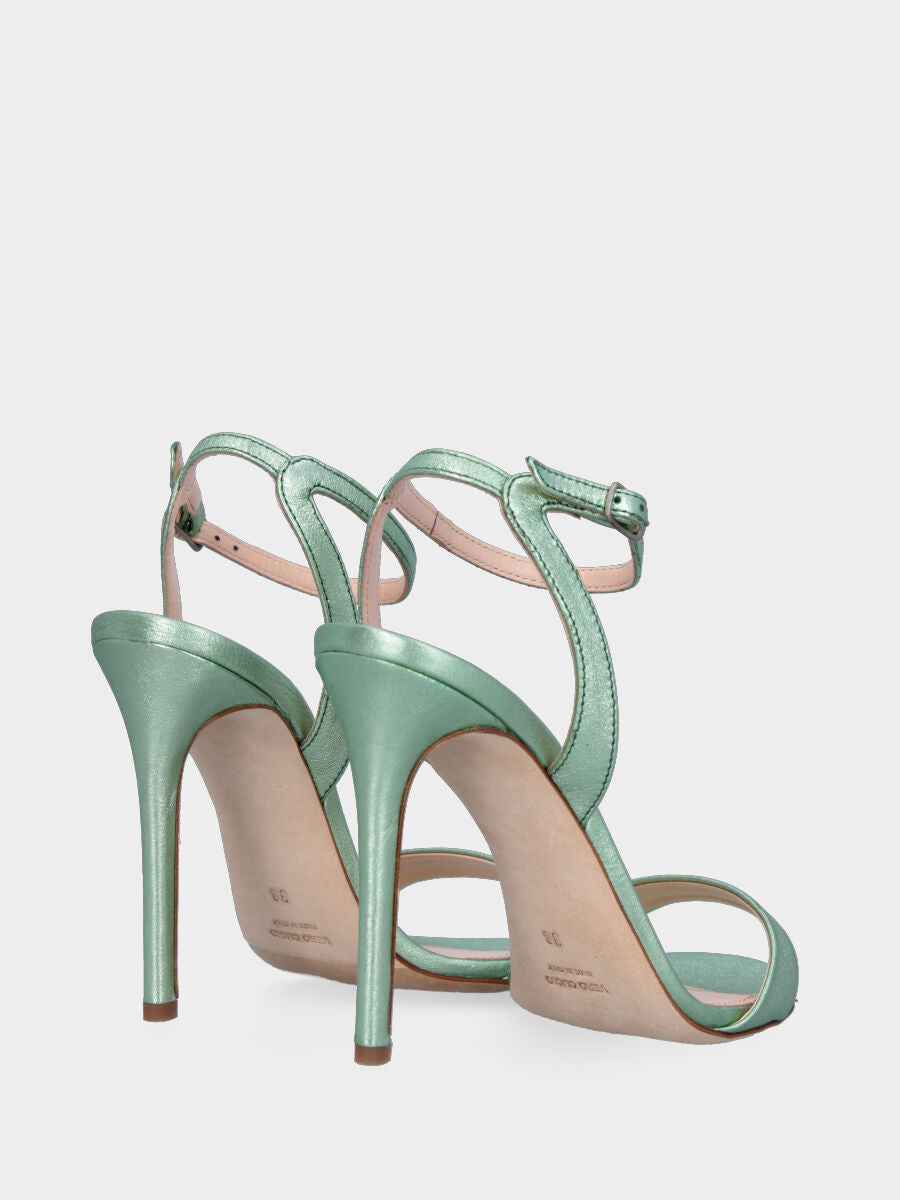 Green lamé heeled sandal with strap
