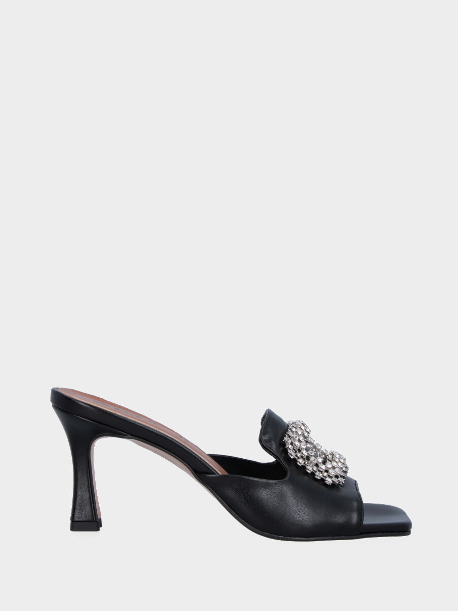 Ciabattina nera in pelle con accessorio con cristalli