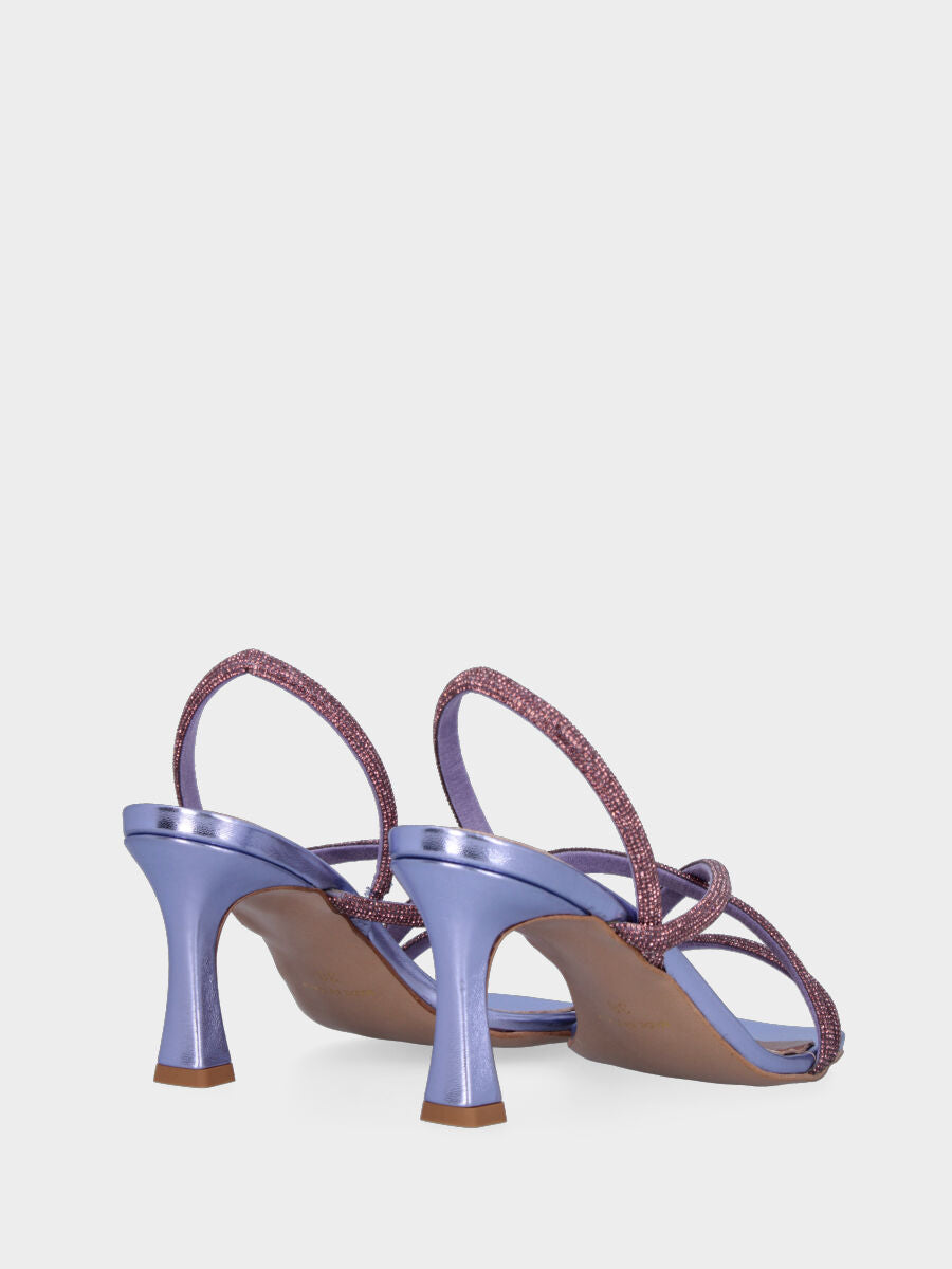 Lilac patent leather heeled sandal with tubular crossed crystal straps