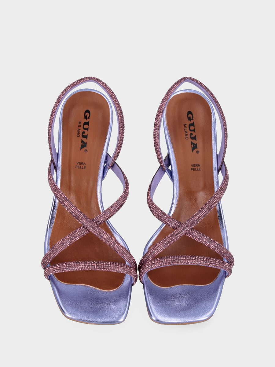 Lilac patent leather heeled sandal with tubular crossed crystal straps