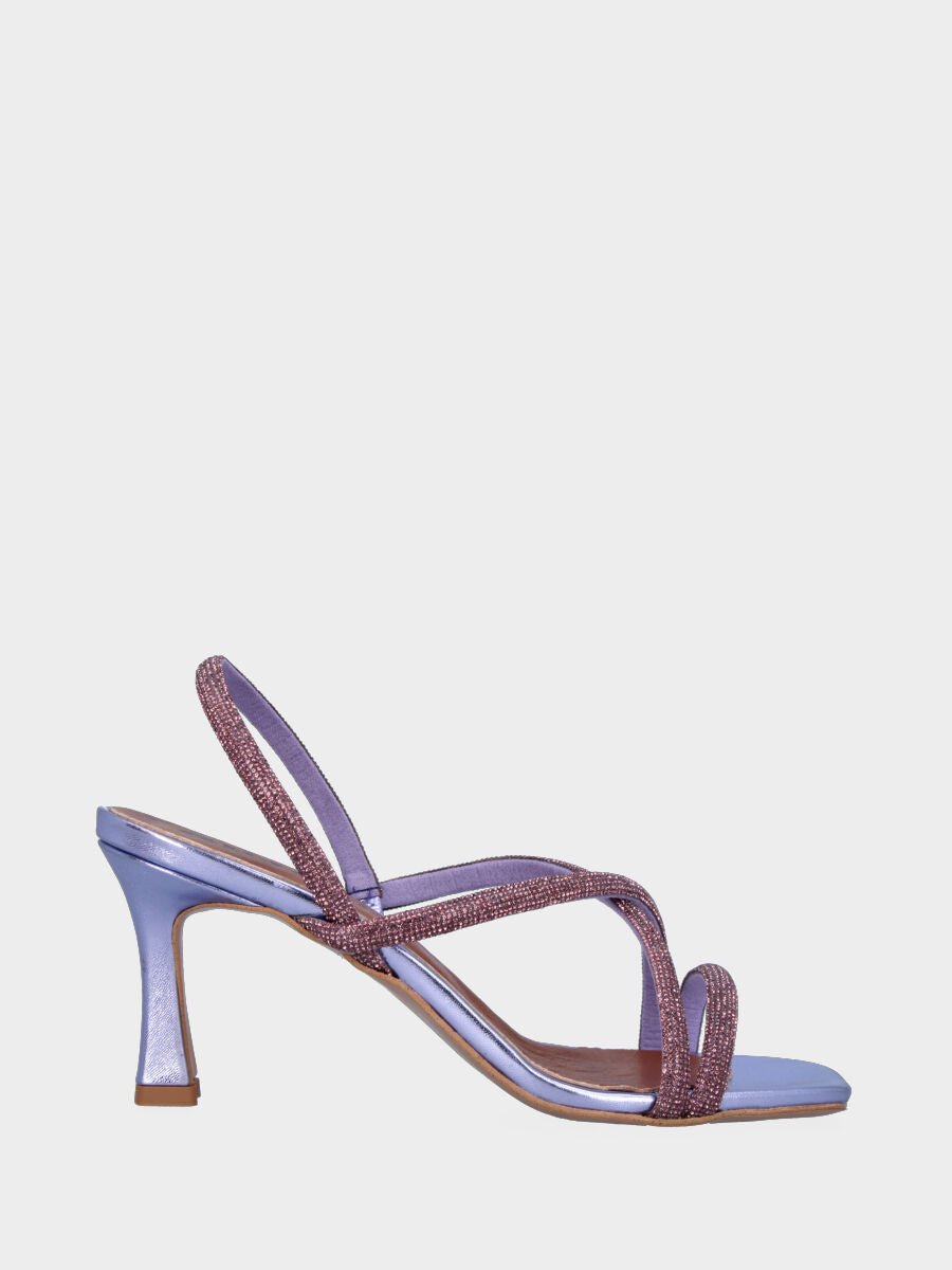 Lilac patent leather heeled sandal with tubular crossed crystal straps