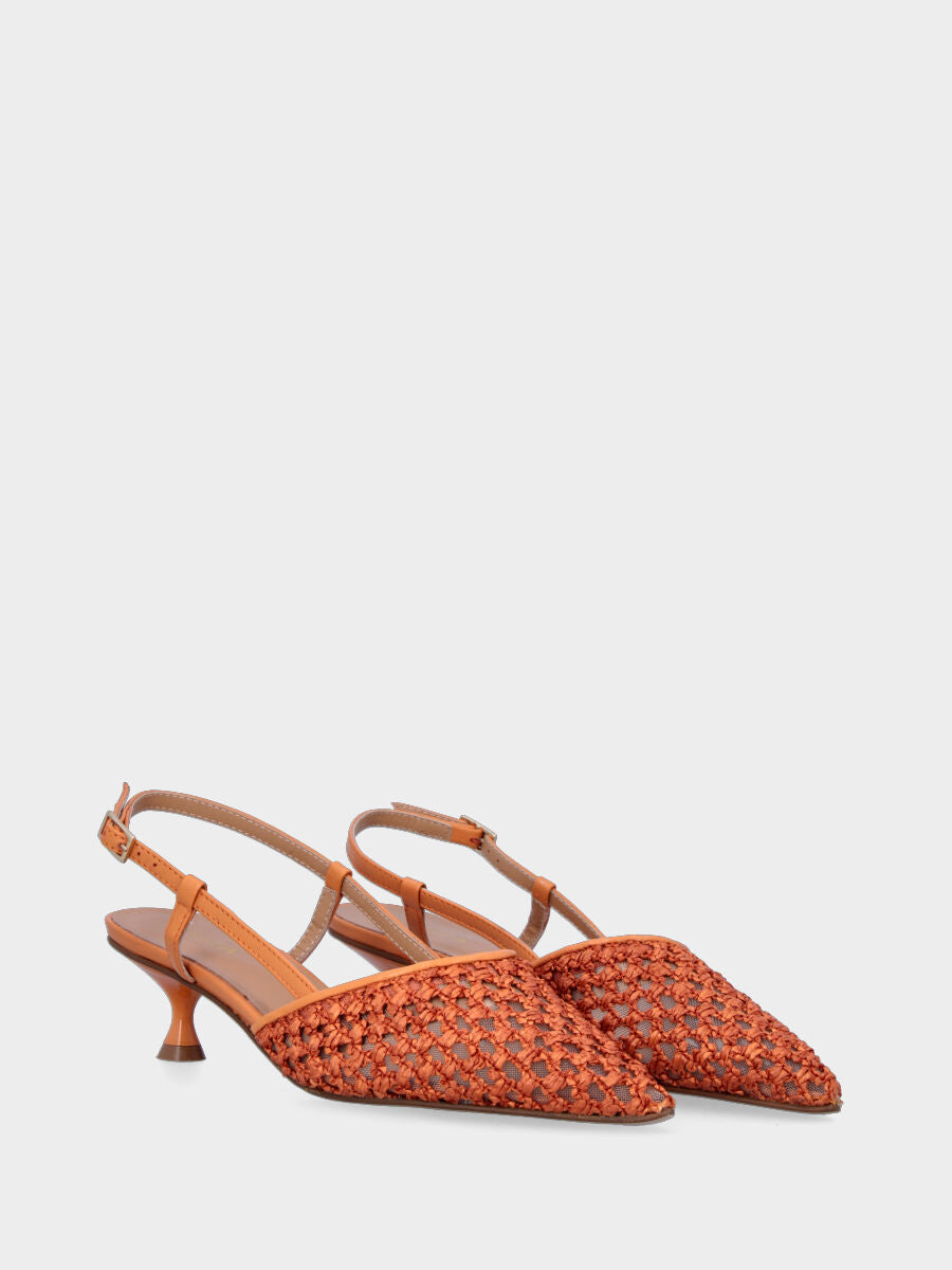 Décolleté slingback arancione in fibre naturali a tessitura traforata