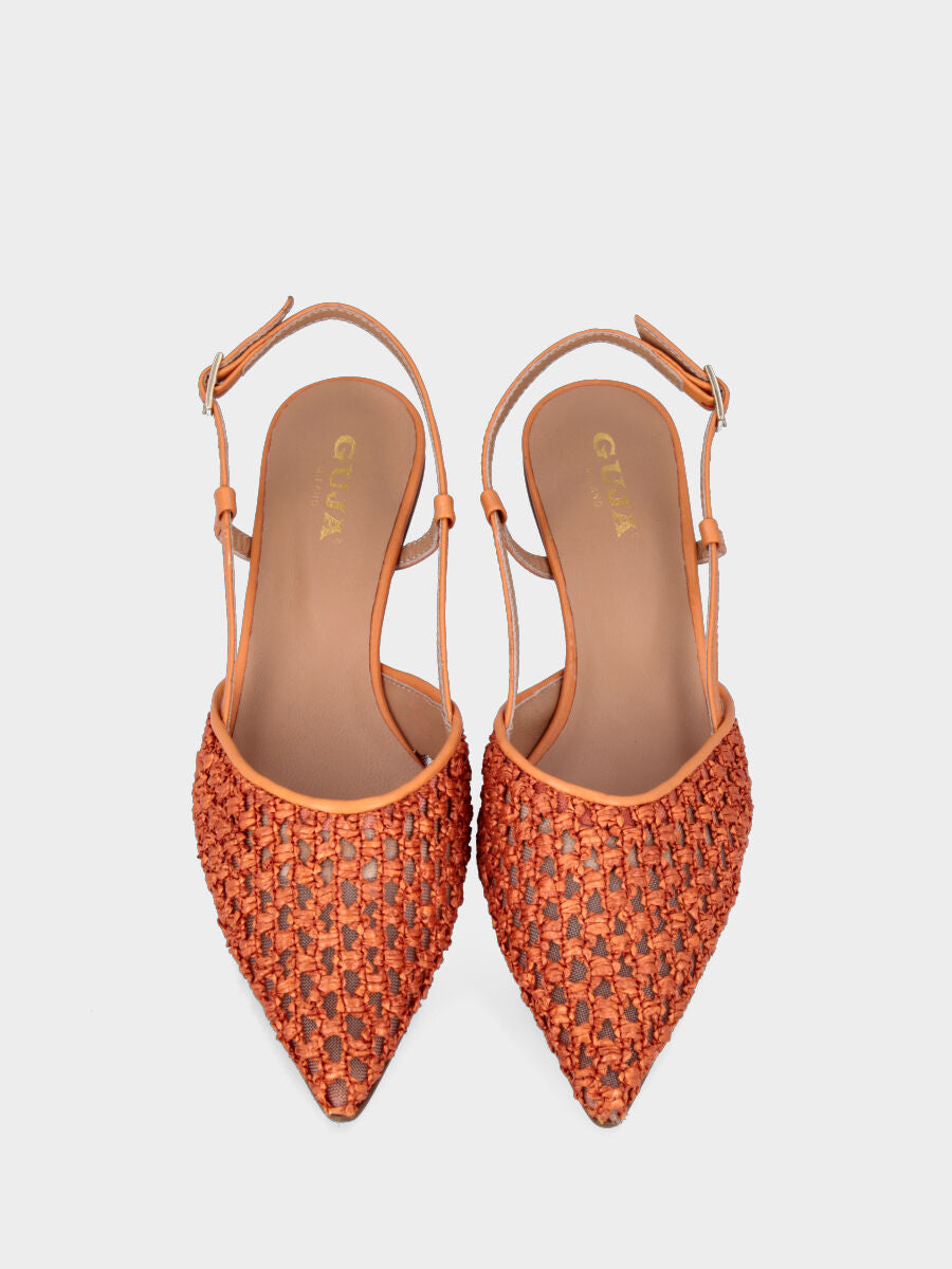 Escarpins slingback orange en fibres naturelles à tissage ajouré