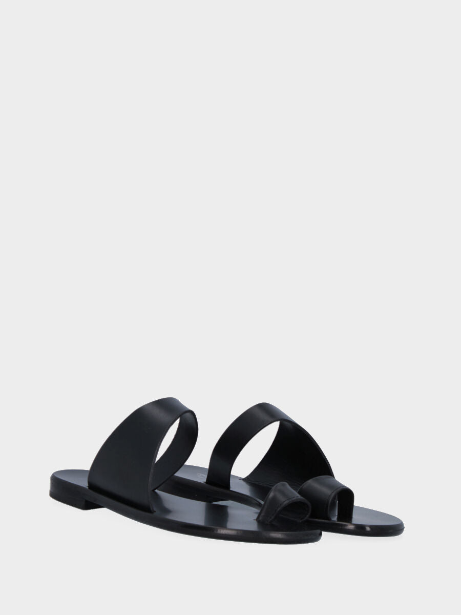Black leather slipper with asymmetric straps