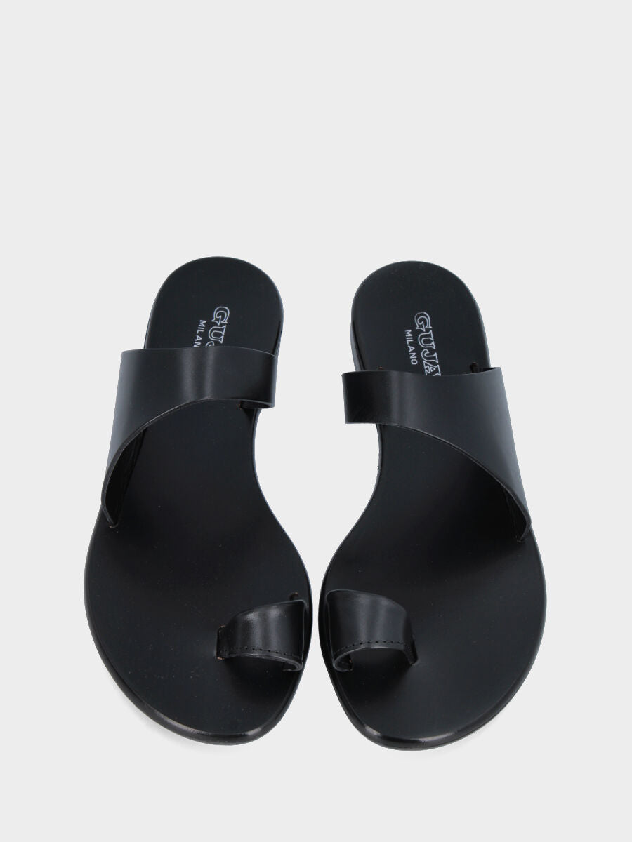 Black leather slipper with asymmetric straps