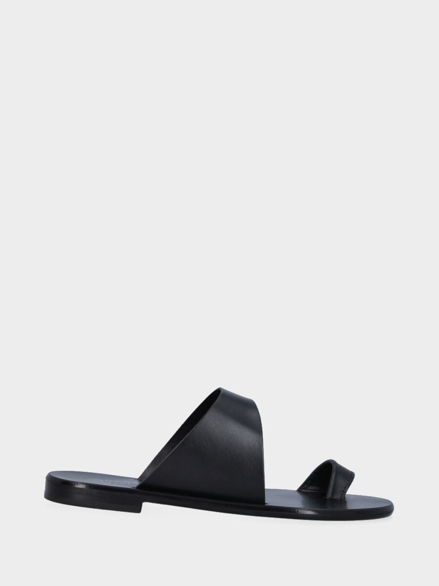 Black leather slipper with asymmetric straps