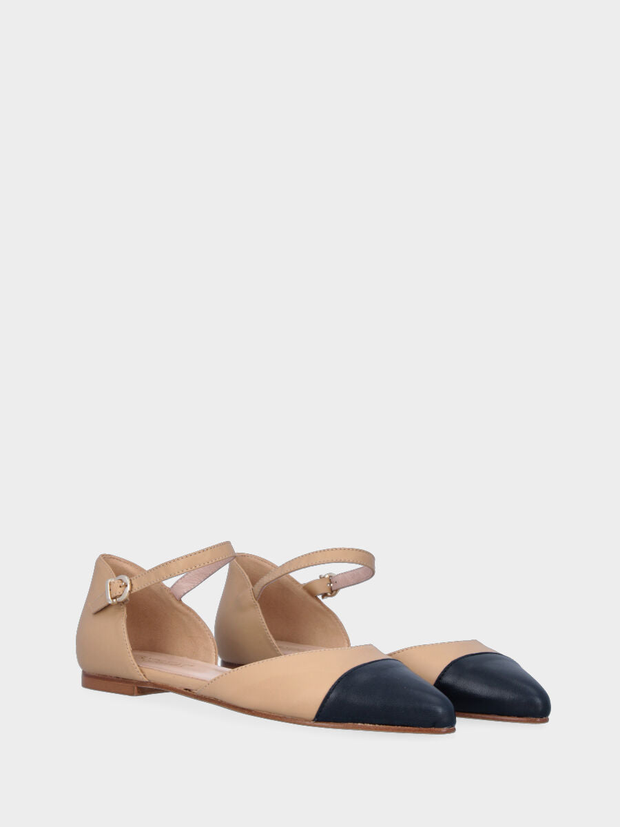 Ballerina aperta ai lati beige in pelle con punta nera