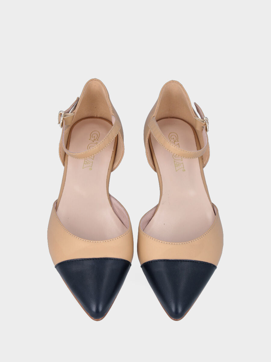 Ballerina aperta ai lati beige in pelle con punta nera