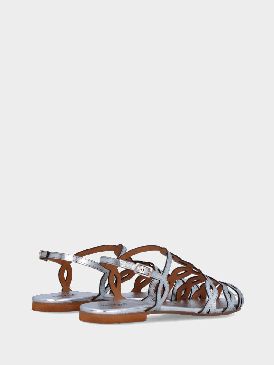 Sandalo argento in pelle laminata con tomaia di ovali