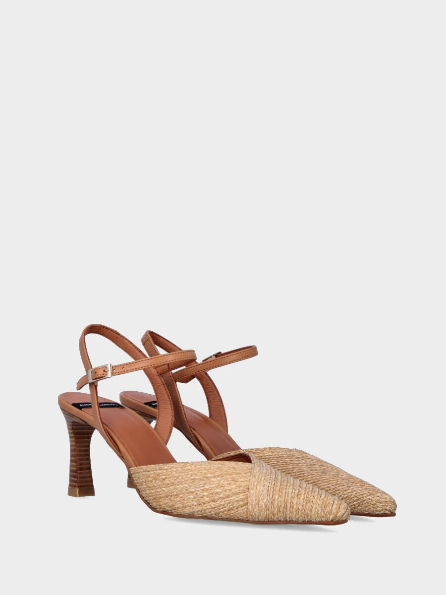 Slingback beige in rafia con tacco trama legno