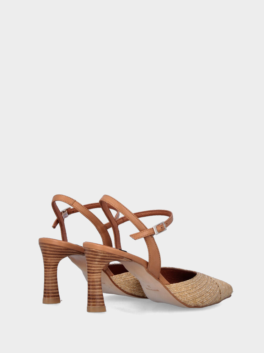 Slingback beige in rafia con tacco trama legno