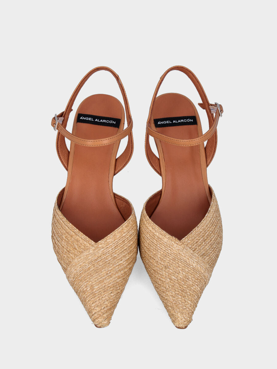 Slingback beige in rafia con tacco trama legno
